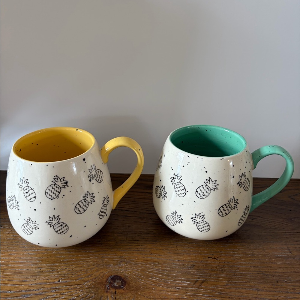 Meritage Pineapple Barrel Yellow and Green Ceramic Mugs. Set of 2.